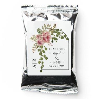 Dusty rose pink flowers, arch and monogram wedding coffee drink mix