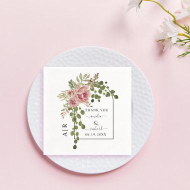 Dusty rose pink flowers, arch and monogram wedding napkins