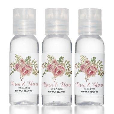 Dusty rose pink flowers floral wedding favor hand sanitizer