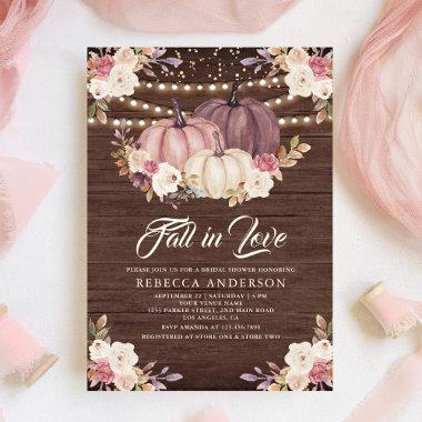 Dusty Rose Pink Pumpkin Floral Wood Bridal Shower Invitations