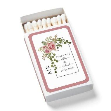 Dusty rose pink watercolor flowers wedding matchboxes