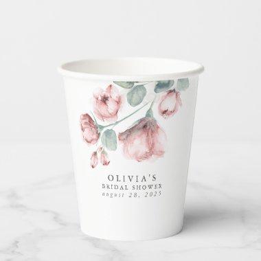Dusty Rose Watercolor Flowers Elegant Party Shower Paper Cups