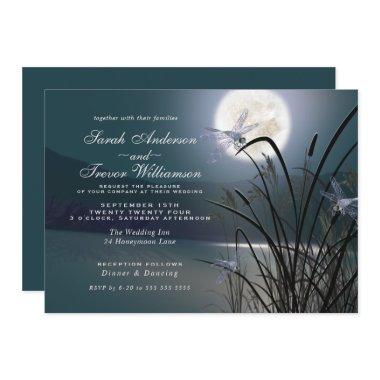 Dusty Teal Wedding Full Moon Dragonfly Pond Invitations