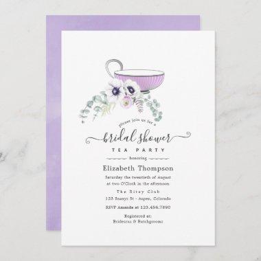 Dusty Violet Floral Bridal Shower Tea Party Invitations