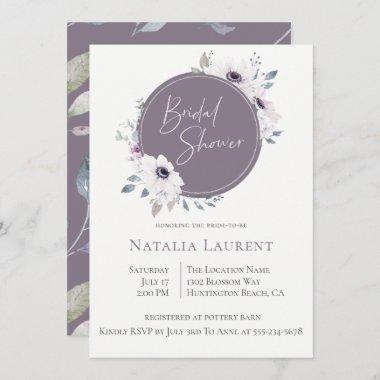 Dusty Violet Floral Frame Bridal Shower Invitations