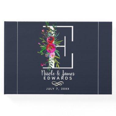 E Letter Initial Monogram Floral Name Wedding Guest Book