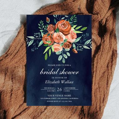 Earthy Burnt Orange Roses Navy Blue Bridal Shower Invitations