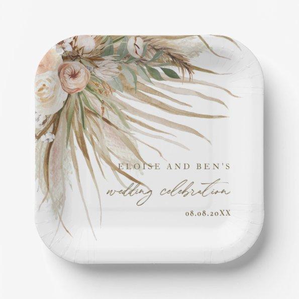 Earthy Dried Pampas Grass Floral Wedding Bridal Paper Plates