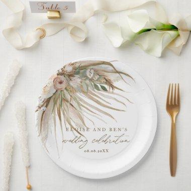 Earthy Dried Pampas Grass Floral Wedding Bridal Paper Plates