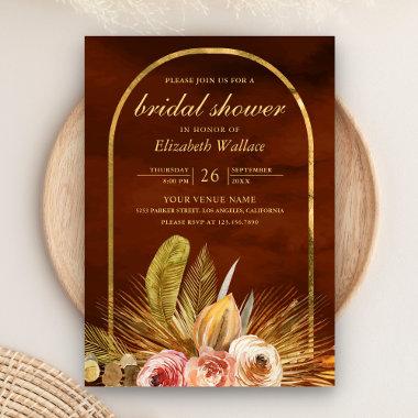 Earthy Floral Arch Gold Burnt Orange Bridal Shower Invitations