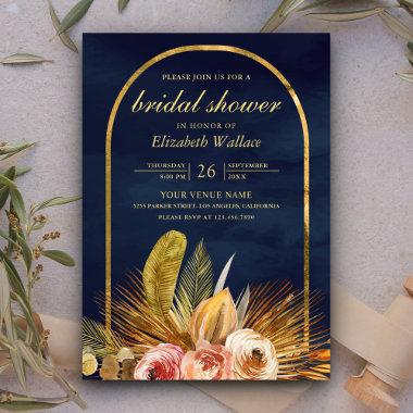 Earthy Floral Arch Gold Navy Blue Bridal Shower Invitations