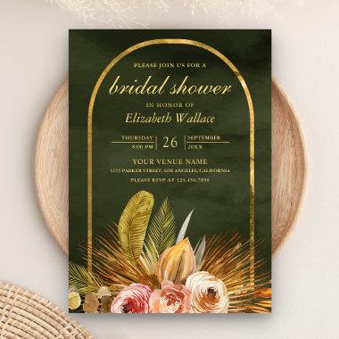 Earthy Floral Arch Gold Sage Green Bridal Shower Invitations