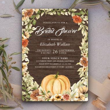 Earthy Floral Barn Wood Pumpkin Bridal Shower Invitations
