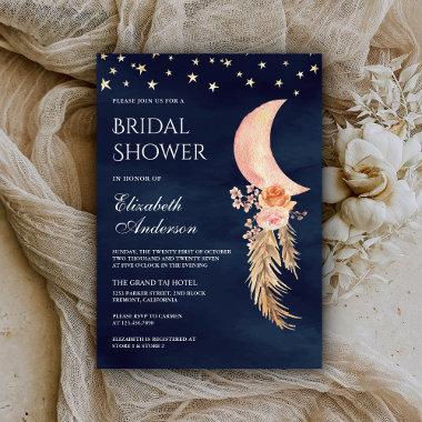Earthy Floral Crescent Moon Navy Bridal Shower Invitations