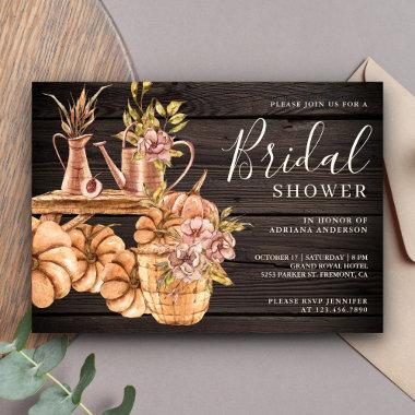 Earthy Floral Garden Wood Pumpkin Bridal Shower Invitations