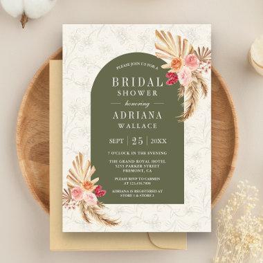Earthy Floral Pampas Sage Green Bridal Shower Invitations