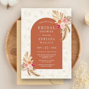 Earthy Floral Pampas Terracotta Bridal Shower Invitations