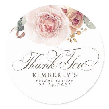 Earthy Pink Flowers Elegant Thank You Classic Round Sticker