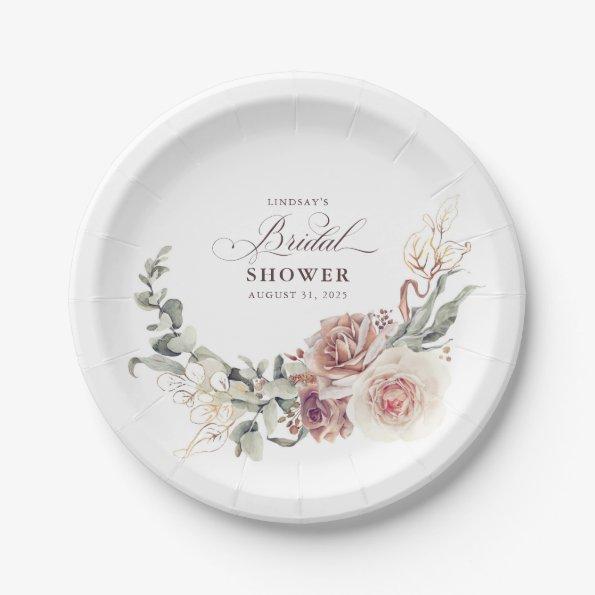 Earthy Shade Flowers Elegant Boho Bridal Shower Paper Plates