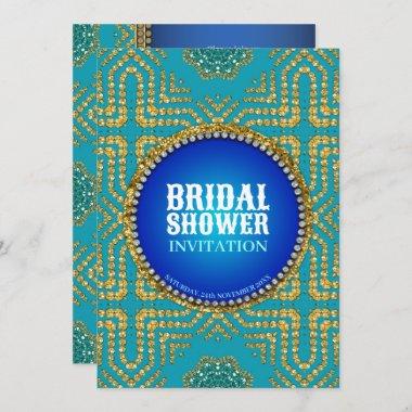Eastern Bohemian Blue+Gold Sparkle Bridal Shower Invitations