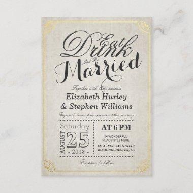 EAT Drink and Be Married Damask Paper Gold Border Invitations