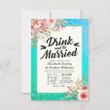 EAT Drink Be Married Wedding Floral Teal Gold Dots Invitations