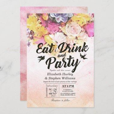 EAT Drink & Party Modern Watercolor Flower Wedding Invitations