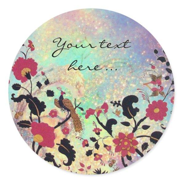 EDEN/ WEDDING LOVE BIRDS ,PEACOCK AND RED ROSES CLASSIC ROUND STICKER