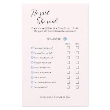 Editable He Said She Said Wedding Shower Game,