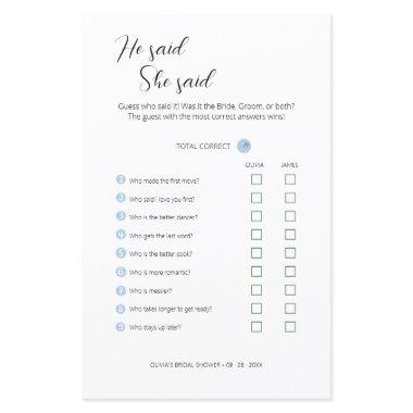 Editable He Said She Said Wedding Shower Game,