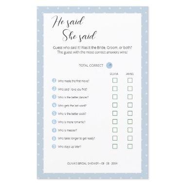 Editable He Said She Said Wedding Shower Game,