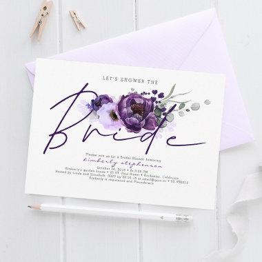 Eggplant Purple Floral Calligraphy Bridal Shower Invitations