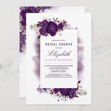 Eggplant Purple Floral Watercolor Bridal Shower Invitations