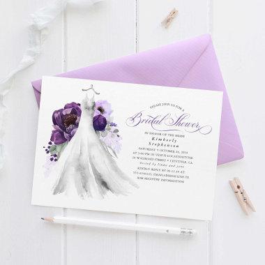 Eggplant Purple Floral Wedding Dress Bridal Shower Invitations
