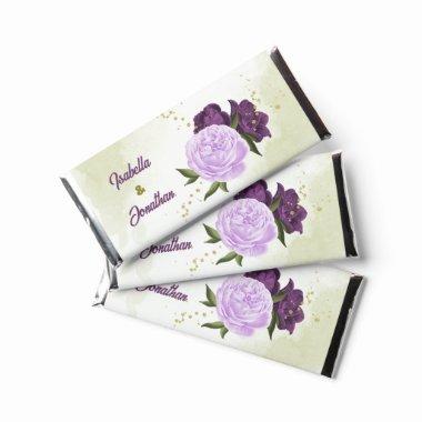 Eggplant purple lilac flowers greenery hershey bar favors