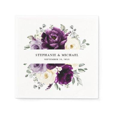 Eggplant Purple Plum Ivory White Floral Wedding Napkins