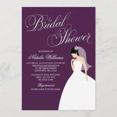 Eggplant Purple Wedding Gown Bridal Shower Invitations