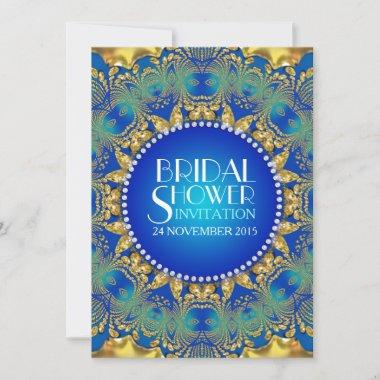 Egyptian Deco Blue+Gold Sun Bridal Shower Invites