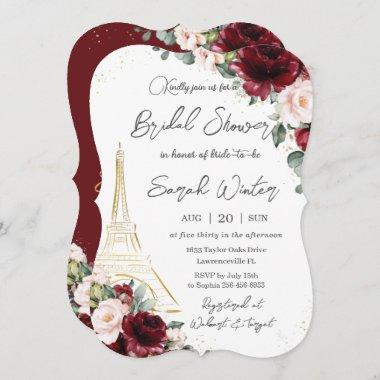 Eiffel Paris Bridal Shower Burgundy Blush Floral Invitations