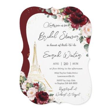 Eiffel Paris Bridal Shower Burgundy Blush Floral Invitations