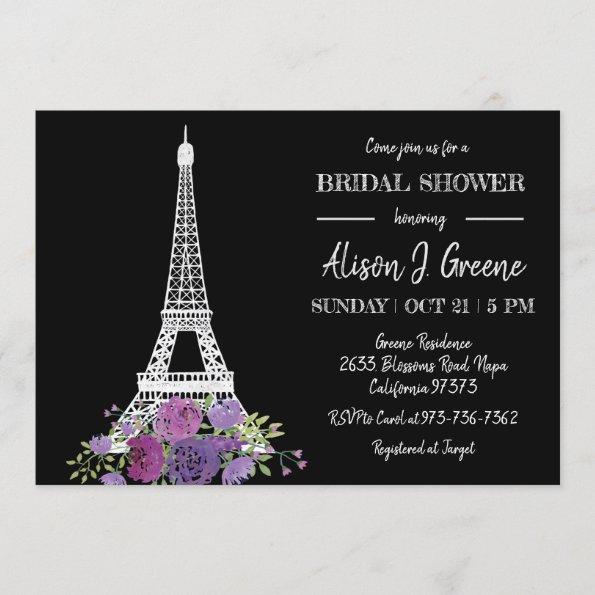 Eiffel Tower Floral Black and White Bridal Shower Invitations