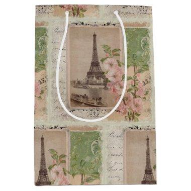 Eiffel Tower Floral Paris Vintage Ephemera Script Medium Gift Bag