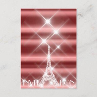 Eiffel Tower Paris Sparkly Stars Burgundy Diamond Invitations
