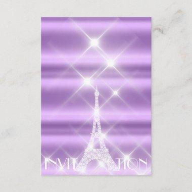 Eiffel Tower Paris Sparkly Stars Purple Diamond Invitations