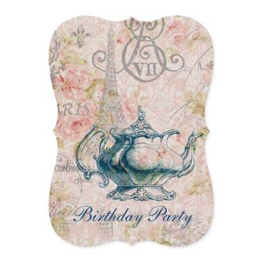 eiffel tower tea pot vintage birthday party Invitations