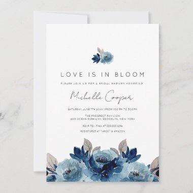Elegant and Minimalist Dusty Blue and Navy Floral Invitations