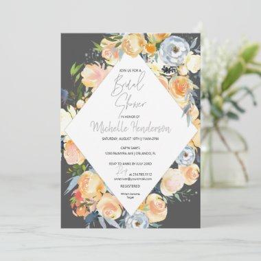 Elegant Apricot Charcoal Floral Bridal Shower Invitations
