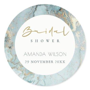 ELEGANT AQUA DUSKY BLUE GOLD AGATE BRIDAL SHOWER CLASSIC ROUND STICKER