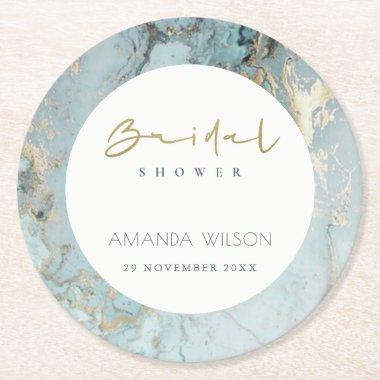 ELEGANT AQUA DUSKY BLUE GOLD AGATE BRIDAL SHOWER ROUND PAPER COASTER