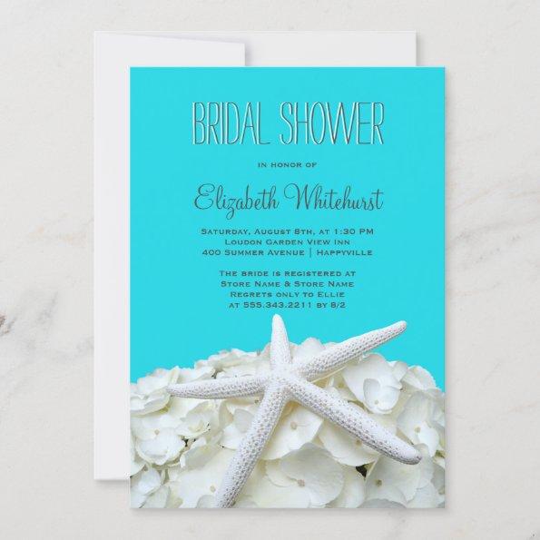 Elegant Aqua Starfish Hydrangea Bridal Shower Invitations